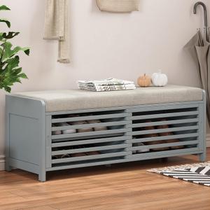 Multipurpose Entryway Storage Bench with Shutter Doors, 43.3" Wooden Shoe Organizer with Upholstered Seat for Entryway, Hallway and Living Room