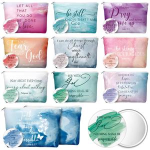 Reginary 20 Set Thanksgiving Christian Gifts for Women 20 Religious Canvas Makeup Bags 20 Bible Verse Compact Mirrors Church Christmas Faith Gifts for Ladies Mom Sister(Watercolor,Classic Style)