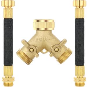 3/4 Inch Brass 2-Way Garden Hose Splitter Y-Shaped Hose Connector with 2 Anti-Kink Spiral Protectors, Heavy-Duty Metal Outdoor Faucet Splitter, Brass Handle Design, Garden Hose Adapter