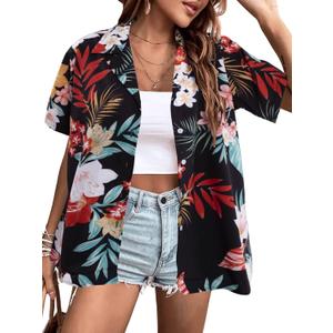 Hawaiian Shirts for Women Soft Cool Summer Hawaiian Shirt Floral Tropic Print Tees V Neck Button Up Short Sleeve Top (Black, L)
