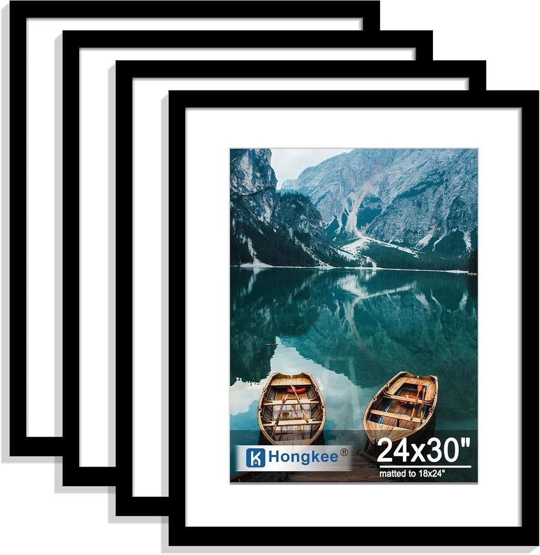 Hongkee 24x30 Frame Set of 4, 24 x 30 Black Wood Style(Mat 18x24), 24X30 in