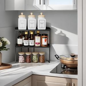 Stackable Metal Kitchen Cabinet Organizer,Kitchen Corner Shelf with Non-Slip Mat,Bathroom Organizer,Storage Shelf for Cabinet/Bathroom/Countertops/Utensils (Black)