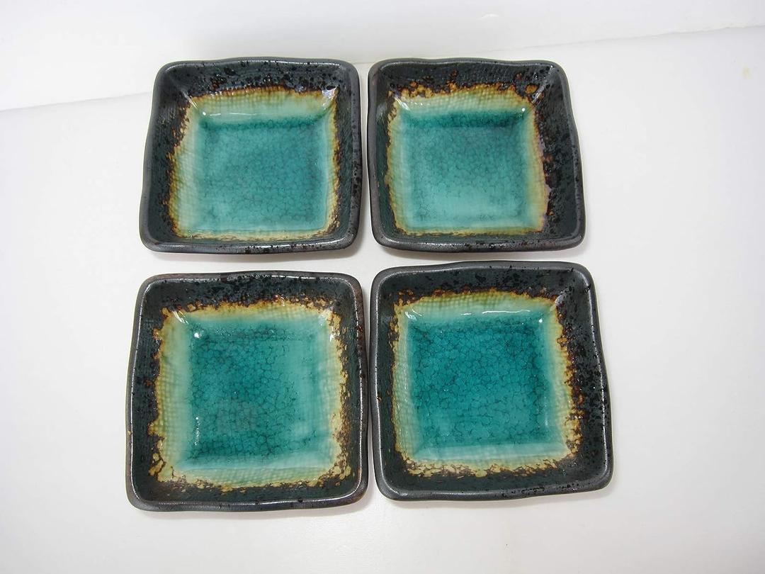 Japanese Ceramic 2.8 Inches Square 1.69 fl. oz. Soy Sauce Dish Blue Green Dipping Bowls, Mino Ware, Set of 4 Made in Japan