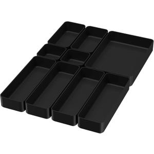9 Pcs Stackable Drawer Organizer Trays Set, Multifunctional Stackable Storage Trays for Vanity, Bathroom, Kitchen, Desk Drawer Organizer Office. Plastic Drawer Organizers, Black