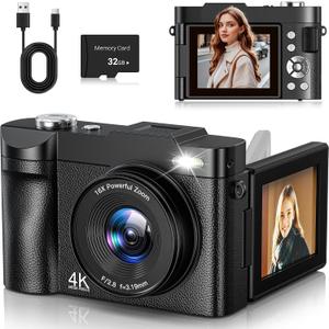 4K Digital Camera 50MP Autofocus Vlogging Camera for YouTube with 2.8" 180 Flip Screen, 16X Digital Zoom Camera with 32GB Card for Beginner Boys Girls