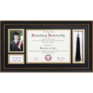 VIOLABBEY Black Diploma Frame with Tassel Holder for 8.5x11 Certificates Document and 4x6 Graduation Pictures, College Degree Frame for Wall Mounted (Black Gold Double Mat)