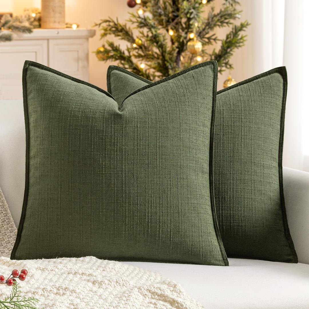 MIULEE Christmas Decorative Pillow Covers 20x20, 2 Pack Boho Farmhouse Neutral Throw Pillows for Couch, Thick Textured Modern Linen Cushion Cases Sofa Bed Living Room Home Decor, Dark Green