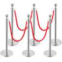 6-Pack Stainless Steel Stanchions and Velvet Ropes (4 Red 5ft), Sand-Filled Crowd Control Barriers for Weddings, Exhibitions, Events(Silver)