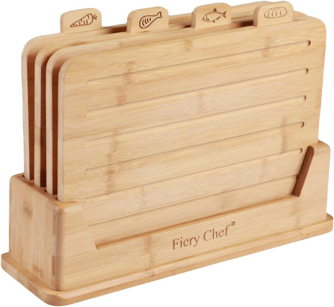 Fiery Chef 14.56"L x 11"W Bamboo Cutting Board Set of 4 - Wood Cutting Board Set with Holder, Chopping Boards Set with Food Icons, Juice Groove - Ideal for Meat, Fish, Bread, Vegetable, Fruit Chopping
