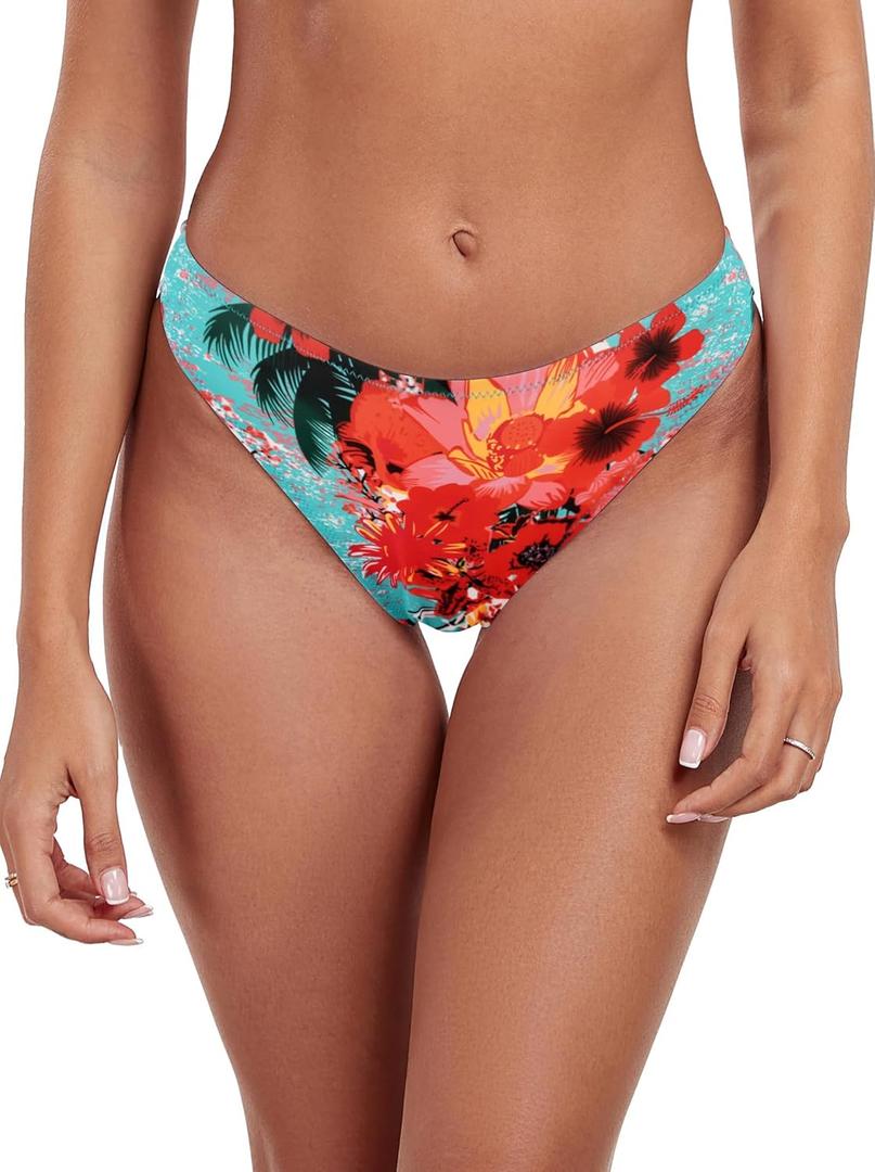 RELLECIGA Women's Cheeky Mid Waisted High Cut Bikini Bottoms (Medium, Blue Floral)