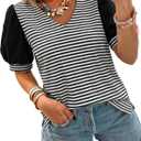 Tankaneo Womens Puff Sleeve Striped T-Shirts Summer V Neck Color Block Tops | Trendy Casual, Loose Fit Blouses, Basic Tees, Tunic Tops (M)