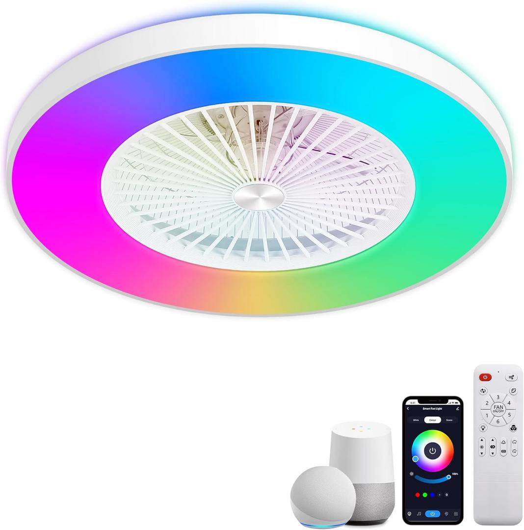 24" Bladeless Ceiling Fan with Lights, Smart Low Profile Ceiling Fan with Alexa, APP Control Dimmable Color Ambient, Modern Flush Mount RGB Ceiling Fans White