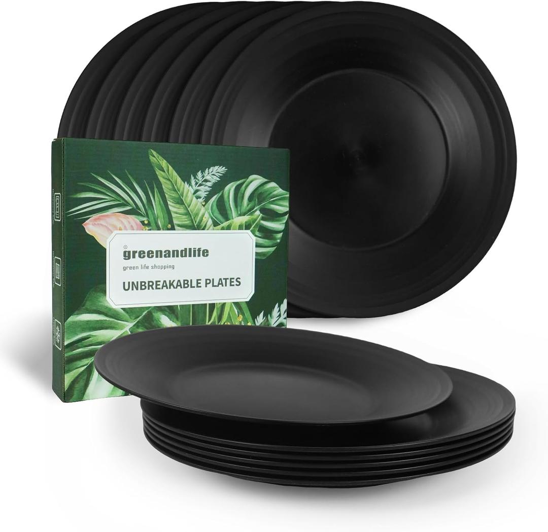greenandlife 10inch/6pcs Dishwasher & Microwave Safe Wheat Straw Plates, Alternative for Plastic Plates, Lightweight Reusable Unbreakable Dinner Plates, Non-toxin, BPA Free for Kids Adults, Black (Black-Deep)