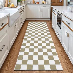 Terrug Beige and White Checkered Area Rug for Kitchen,2x6 Runner Rugs Washable with Non Slip for Bedroom,Soft Low Pile Stain Resistance Retro Carpet for Entryway Hallway