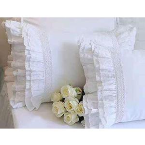 2-Pack White Pillow Shams Shabby Chic Pillowcases with Lace Ruffles Vintage Pillow Covers Cotton Queen Size 20"X30" Luxury Elegant