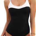Womens One Piece Swimsuit Ribbed Slimming Bathing Suit Lace Up Back Swimwear with Adjustable Straps (Small, Black and White)