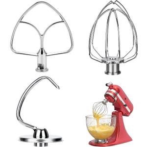 Stainless Steel Attachments 3 Piece Set for KitchenAid 4.5-5 Quart Tilt Head Stand Mixer, Includes K45B Flat Beater, K45DH Dough Hook and K45WW Wire Whip, Dishwasher Safe and Heavy Duty