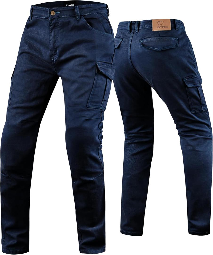 J.A.G. Motorcycle Riding Pants with Aramid Lining & CE Level 2 Armor Twill Cargo Motorcycle Protective Touring Pants (Blue, L)