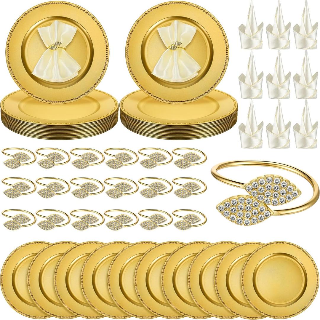 Tioncy 72 Pcs Chargers for Dinner Plates 13 Inch Round Plastic Reef Plate Chargers with Napkin Rings and Satin Napkin for Dinner Wedding Party Decoration(Gold,Classic)