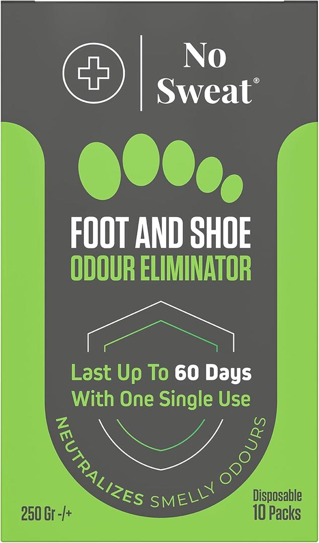 No Sweat Foot And Shoe Odour Eliminator Powder - Lasts Up To 60 With One Single Use - Salty Structure - No Need Mix With Water - Neutralizes Smelly Odours - No Mess -1 Box x 10 Sachets