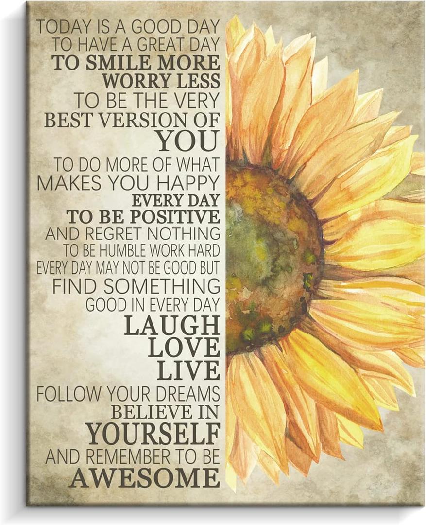 Kas Home Sunflower Wall Decor Inspirational Quotes Canvas Wall Art Rustic Farmhouse Sunflower Artwork for Bathroom Bedroom Office Kitchen Framed Ready To Hang (12 X 15 inch, Yellow - Flower)