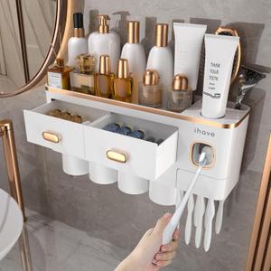 iHave Toothbrush Holders Wall Mounted with Toothpaste Dispenser & 4 Cups - Premium White and Gold Design for Bathroom Decor, All-in-One Bathroom Organizers & Storage for Toothbrushes and Accessories