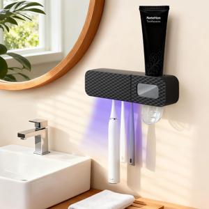 Smart Toothbrush Holder, Wall Mounted Toothbrush Holder with Toothpaste Dispenser, Drying Function and 3 Toothbrush Slots for Bathroom (Black)