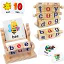 Wooden Reading Blocks for Kids 3 4 5 Years, Short Vowel Rods Spelling Games Flash Cards Turning, Site Words Montessori Spinning Alphabet Learning Toy for Preshcool Boys Girls.