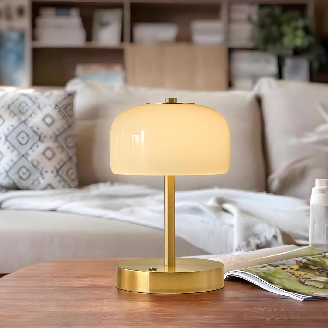 PORTRES Cordless Table Lamp Rechargeable Battery Operated Mushroom lamp Opal Glass Shade 3 Way Dimmable LED Touch Outdoor Lamp for Camping Bedroom Dining Living Room Beside Patio Restaurant,Gold (Gold - 1 Pack)