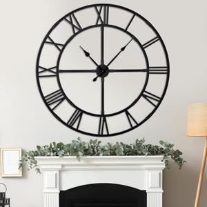 Oversized 48 inch Knocked-Down (KD) Wall Clock for Living Room Decor Extra Large Silent Non-Ticking Modern Farmhouse Wall Clock, Decorative Metal Roman Numeral Clock, Black
