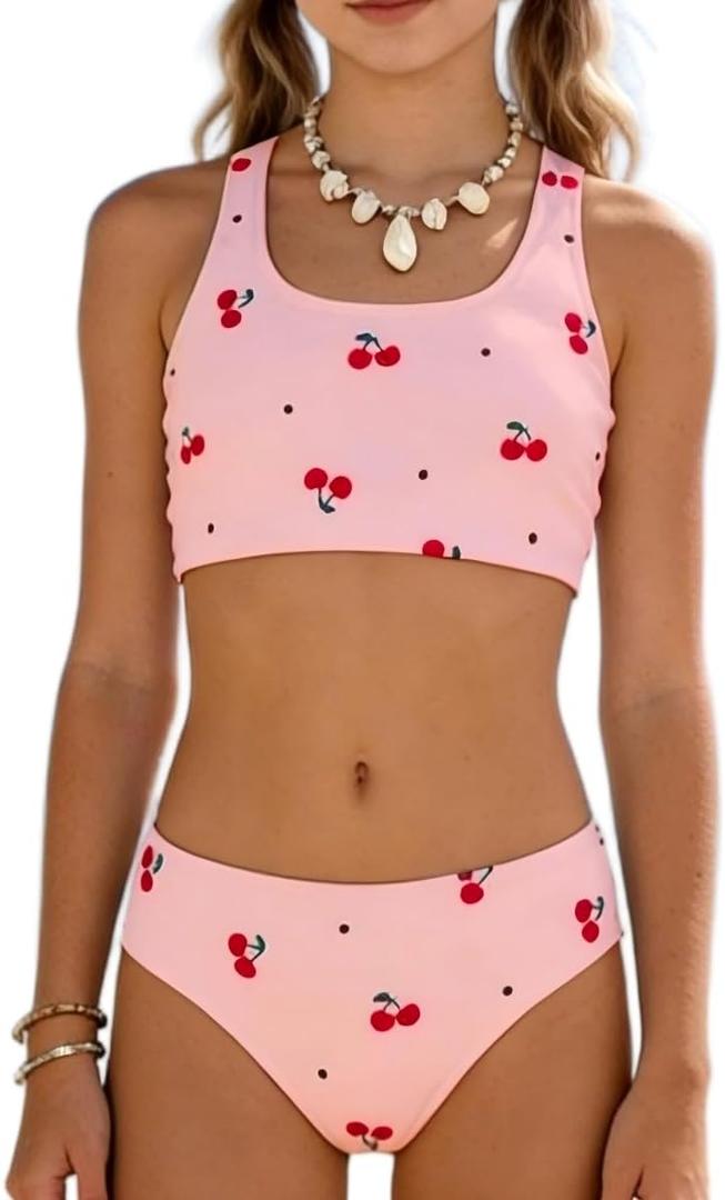 Girl's Cherry Print Bikini Set Scoop Neck Crop Tank Two Piece Summer Swimwear Cute Bathing Suit Beach Outfit (Pink, XS)