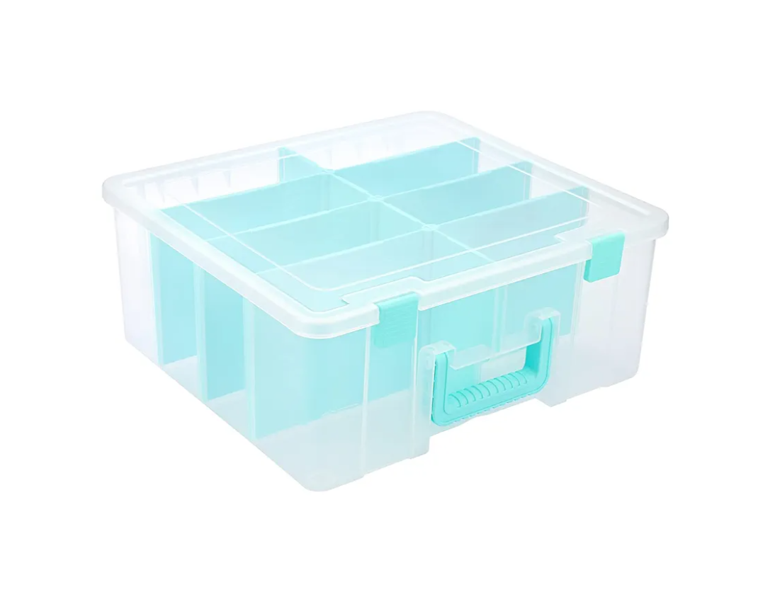 BTSKY Clear Plastic Dividing Storage Box with 8 Deep Compartments Adjustable Storage Bin with Lid Portable Craft Storage Container Multipurpose Sewing Box Art Supply Organizer, 15.1x13.9x6.1 Inches