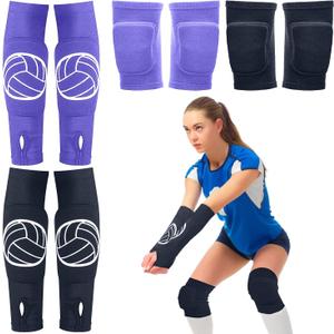 Sosation 2 Set Volleyball Knee Pads and Volleyball Arm Sleeves with Protection Pad Compression Forearm Wrist Guard with Thumb Hole Soft Breathable for Hitting Passing (Black, Purple)