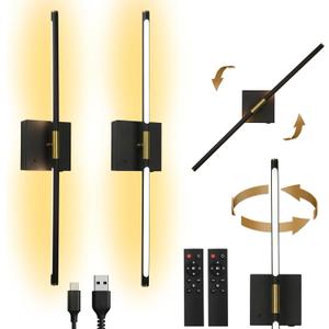 Battery Operated Wall Sconce Set of 2 Rechargeable Wireless Cordless 12000ma 360 Rotation Large Wall Lights lamp Modern Decor Linear Long Metal Black Gold 28"