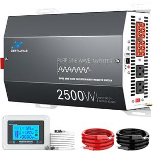 2500W Pure Sine Wave RV Inverter with Built-in ATS, 12V DC to 110V/120V AC Converter, 5000W Peak, Shore Power Automatic Bypass, 2 AC Outlets, USB & Type-C, LCD Remote Control