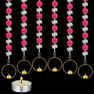 Gejoy 6 Sets Diwali Decorations Includes 6 Pcs 4 Feet Artificial Marigold Flowers Garland for Decoration 6 Hanging Tea Light Candle Holders and 6 Candles for Home Wall Indian Pooja Wedding Decor (Round, Pink,white)