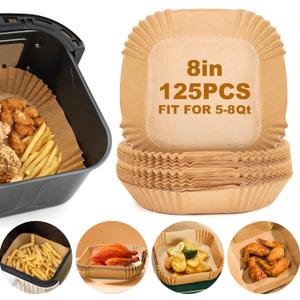 Air Fryer Paper Liners, 125Pcs Parchment Paper, Air Fryer Liners Disposable for Microwave, Non-Stick Air Fryer Liner Square Free of Bleach (8IN) (8"Square)
