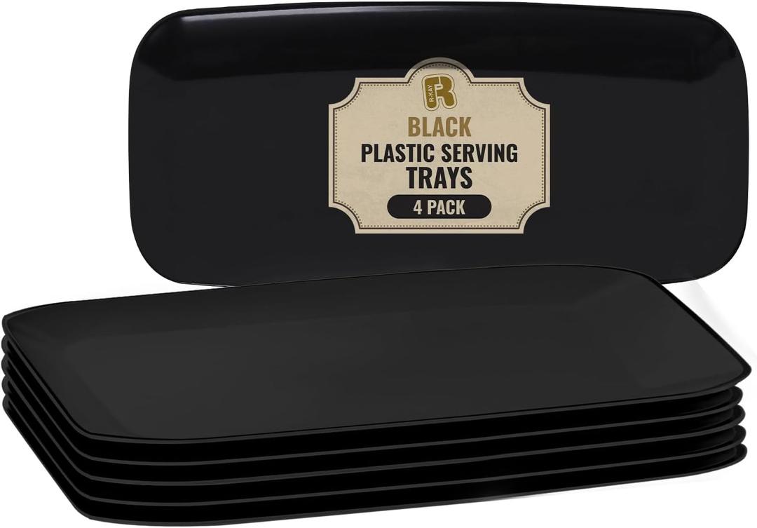 R-kay 4 Pack Black Plastic Serving Tray for Party - Black Serving Tray 10 x 5.5 Inch - Dessert Trays for Food - Party Serving Trays for Entertaining - Premium Party Trays