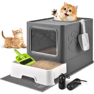 Cat Litter Box with Litter Mat, Foldable Extra Large Free in and Out/One-Way with Lid, Drawer Type Enclosed Kitty Litter Box,Odor Control Anti-Splashing Easy Cleaning (Dark Grey)