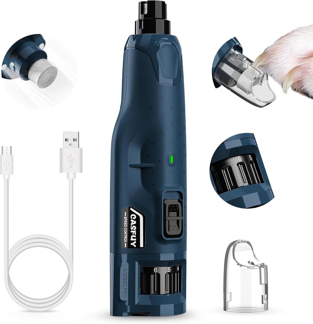 Casfuy Dog Nail Grinder Quiet - (45db) 6-Speed Pet Nail Grinder with 2 LED Lights for Large Medium Small Puppy Dogs/Cats, Professional 3 Ports Rechargeable Electric Dog Nail Trimmer with Dust Cap (Blue)