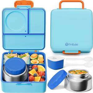 Fimibuke Bento Box for Kids Adult, BPA Free & Leakproof Toddler Lunch Box with 8.5oz Insulated Food Jar, Utensils & Sauce Jar, Dishwasher Safe 3 or 4 Compartment Container for School Girl Boy (A12. Ocean Life)