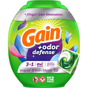 Gain Flings Laundry Detergent Pacs with Odor Defense, 112 Count, Super Fresh Blast Scent, HE 3in1 with Febreze and Oxi