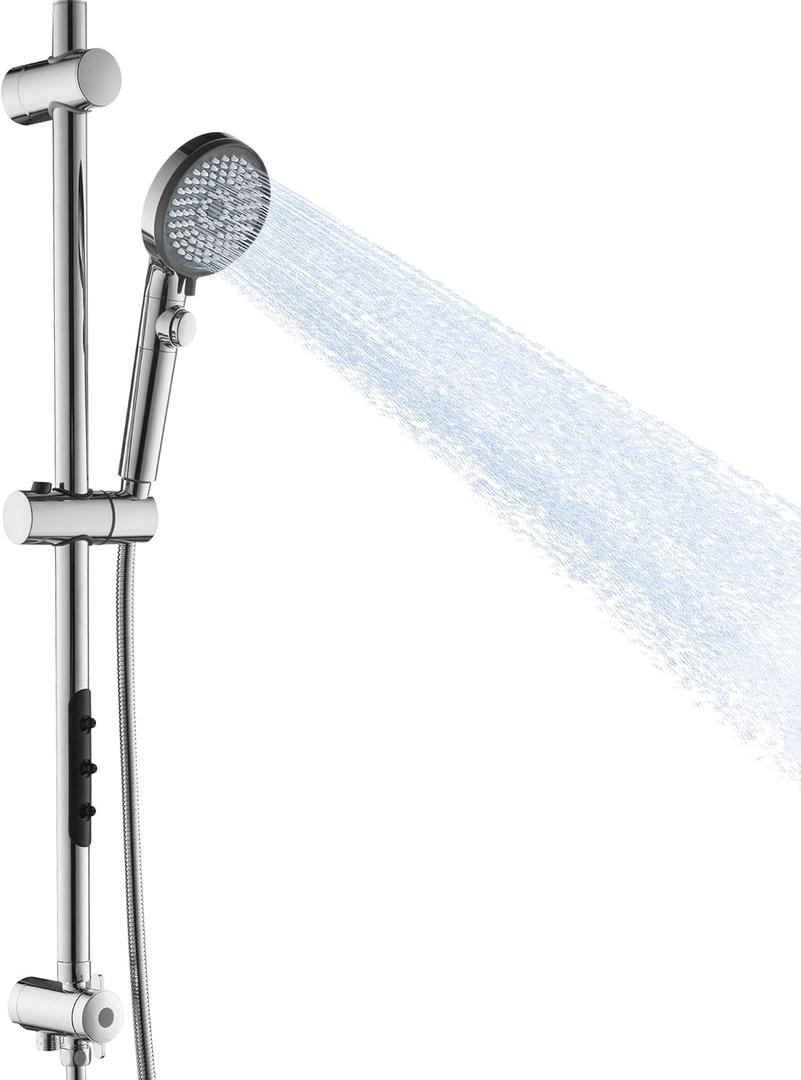 LIWEIKE Shower Slide Bar Combo, Adjustable 27.5 In Slide Bar with 5 Setting Handheld Shower Head and 60 In Stainless Steel Hose, Chrome