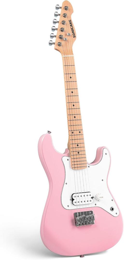 SONICAKE 30" Kids Electric Guitar for Beginner, Junior Size Solid Wood Body with Humbucker Pickup, One Piece Premium Wood Neck & Fingerboard, Rounded Fret Ends, QGT-50 (Shell Pink)
