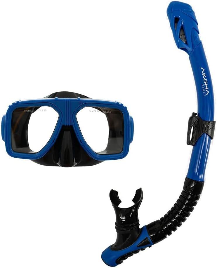 AKONA Adult Two Lens Mask & Dry Snorkel Made with 100% Silicone Skirt and Silicone Mouth Piece. Tempered Glass Lenses. (Blue/Black Silicone)
