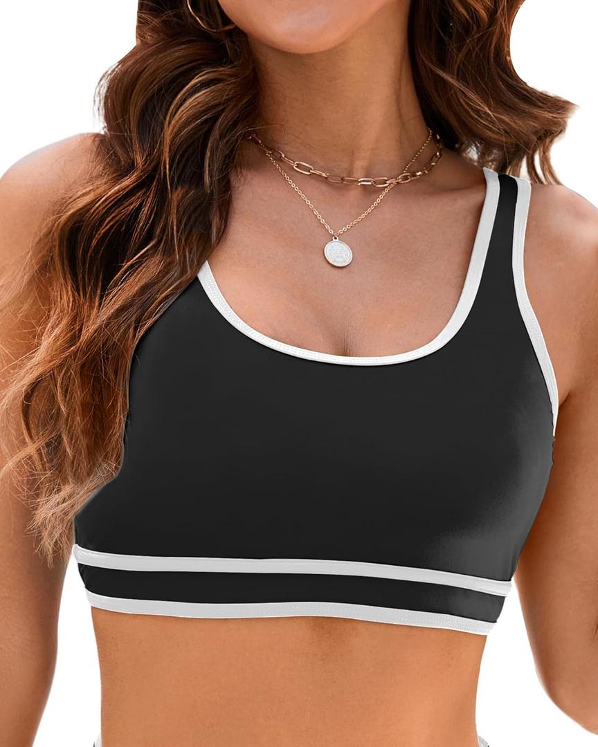 Bikini Tops for Women Color Block Sporty Swimsuit Tankini Bathing Suit Crop Tops Adjustable Straps Padded Top Only (Medium)