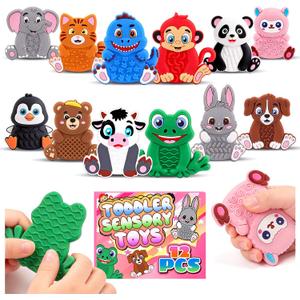12 Pack Animal Texture Sensory Toys for Kids, Toddler Travel Toys for Airplane Car Roadtrip, Silicone Calming Autism Quiet Fidgets for Classroom, Birthday for Kids Toddlers, 2.36*2.63 inches