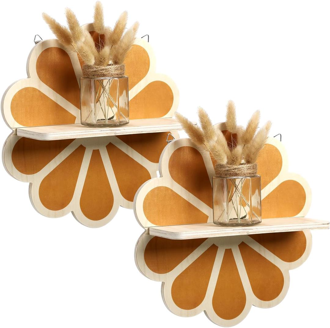 Tatuo 2 Pieces Boho Wooden Flower Wall Shelves Bohemian Candle Holders Hanging Shelf for Living Room Bathroom Bedroom Office Nursery Wall Decor
