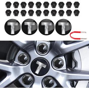 Compatible with TES la Model 3 Model Y/S X Set Wheel Center Hub Cap Kit, Center Logo Emblem Modification Hub Cover Hub Nut Cap Lug Nut Cover（Sliver &Black）