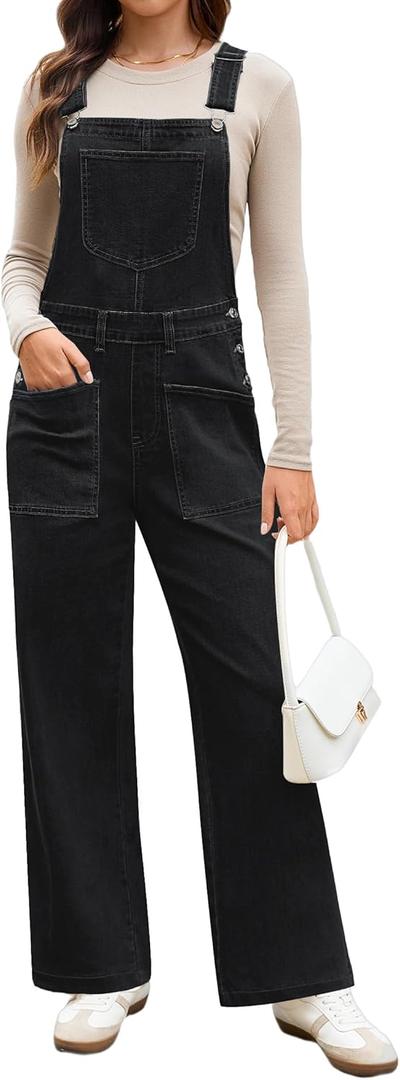 luvamia Jean Overalls for Women Loose Fit Baggy Wide Leg Bib Pocket Adjustable Straps Stretchy Denim Overall Jumpsuits (Small, Iconic Black)